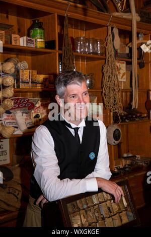 UK, County Durham, Beamish, Museum, Town, costumed volunteer behind counter of  Annfield Plain Industrial Co-Op shop Stock Photo