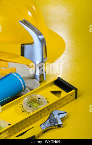 repairing tools on yellow background Stock Photo