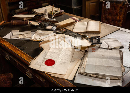 UK, County Durham, Beamish, Museum, Town, Main Street, Ravensworth Terrace, legal documents on Solicitor’s office desk Stock Photo