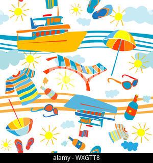 Summer vacation seamless pattern with barge and beach objects over waves Stock Photo