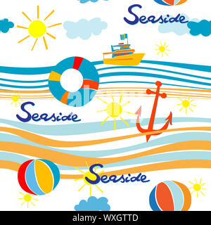 Seaside pattern with boat, life buoy, anchor and beach balls over waves Stock Photo