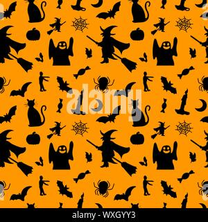 Pattern of different vector illustration silhouette for halloween. Icon of mummy, pumpkin, witch, ghost, zombie, bats, vampire, tomb and more cartoons Stock Vector