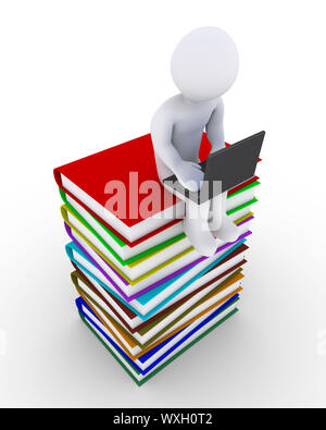 3d person with a laptop is sitting on a pile of books Stock Photo