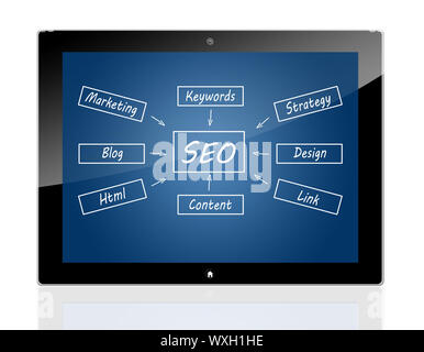 SEO flow chart concept with blue background on a tablet pc Stock Photo
