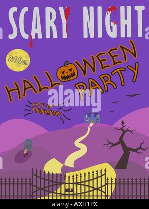 Vector illustration of halloween party invitation with haunted house, moon, yard and tombstone. Stock Vector