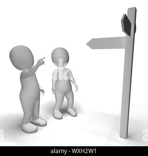 Signpost With 3d Characters Showing Travelling Or Guidance Stock Photo