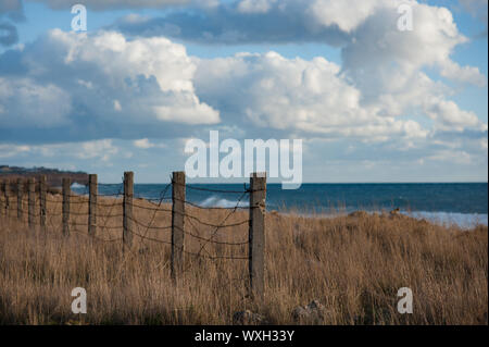empty place near sea coast with barbed wire fence on border with blue sky and clouds on overcast sunset Stock Photo