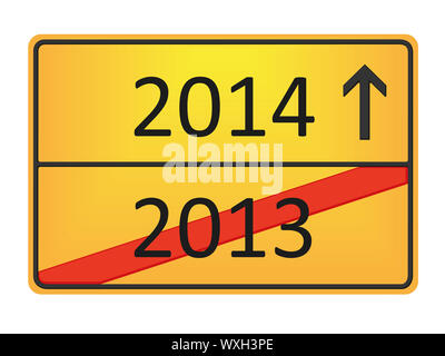 A german road sign with the numbers 2013 and 2014 Stock Photo