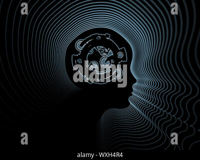 Design composed of clock gears, numbers and human head outline as a metaphor on the subject of consciousness, artificial intelligence and technology Stock Photo