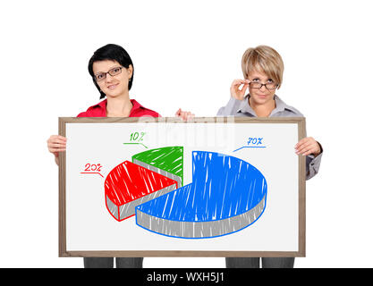 two businesswoman holding a blackboard with pie chart Stock Photo