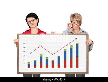 two businesswoman holding a blackboard with chart profits Stock Photo