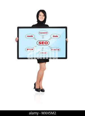 happy girl holding a plasma with seo scheme Stock Photo
