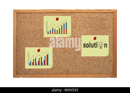 three yellow stickers clip to corkboard Stock Photo