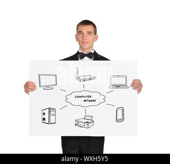 businessman in tuxedo holding placard with computer network scheme Stock Photo