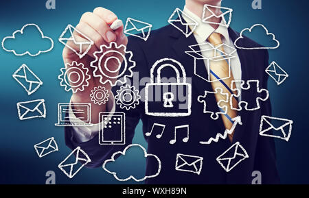 Secured Online Cloud Computing Concept with Business Man Stock Photo