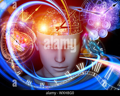 Abstract design made of cutout of male head and symbolic elements on the subject of human mind, consciousness, imagination, science and creativity Stock Photo