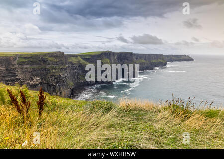 Panoramic view of the Cliffs of Moher, Ireland. Cliffs of Moher during ...