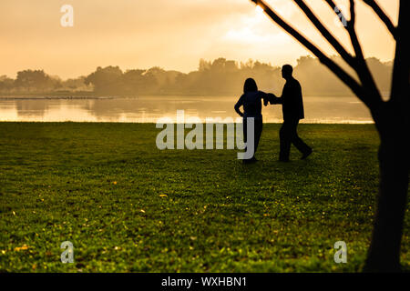 Silhouette of senior couple doing Tai Chi exercise in the park at sunrise. Stock Photo