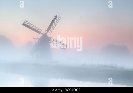 Dutch windmill in dense fog at summer sunrise Stock Photo