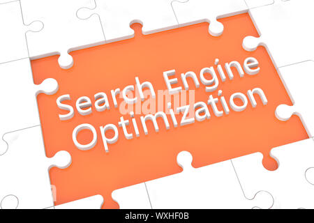puzzle with words on orange background concept: Search Engine Optimization Stock Photo