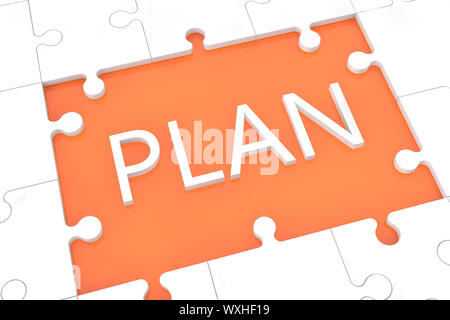 puzzle with words on orange background concept: Plan Stock Photo