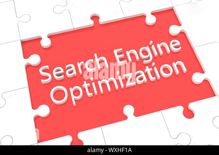 puzzle with words on red background concept: Search Engine Optimization Stock Photo