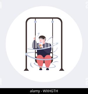 fat obese guy swinging and eating ice cream unhealthy nutrition obesity concept overweight man sitting on swing having fun flat full length vector Stock Vector