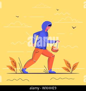 criminal character carrying female handbag robber running away theft concept full length sketch Stock Vector