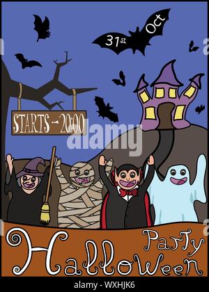 Vector illustration of halloween party invitation with mummy, vampire, ghost, witch, haunted house, moon and bats Stock Vector