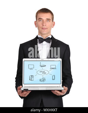 businessman holding a laptop with wireless scheme Stock Photo