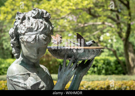 Close up view of the Burnett Fountain in Central Park, with real birds refreshing in the bow. The statue honors children’s book author Frances Eliza H Stock Photo