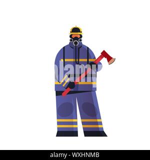 brave fireman holding axe firefighter wearing uniform and helmet firefighting emergency service extinguishing fire concept flat white background full Stock Vector