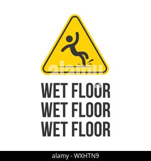 Wet Floor sign. yellow triangle with falling man in modern rounded style.  slippery floor triangle yellow sign. caution warning beware danger. Stock Vector