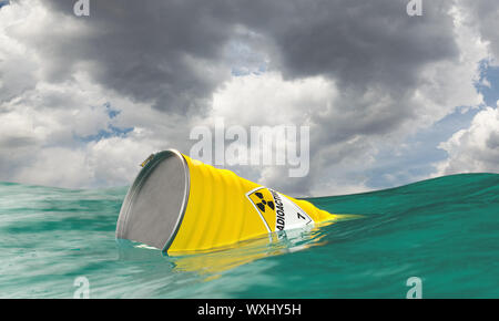 barrel containing radioactive waste floats in the middle of the sea. 3d image rendering. Concept of ecological disaster. Stock Photo