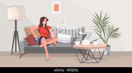 girl sitting on couch woman using smartphone communication concept modern living room interior flat full length horizontal Stock Vector