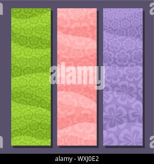 Vector set of vertical banners for Spring season: 3 layouts with floral background, Flowers templates for text, mockups with spring abstract pattern. Stock Vector
