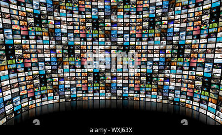 Image of large screen with many channels on blank black background Stock Photo