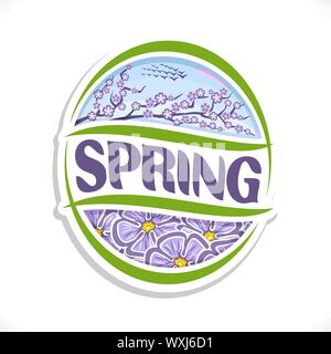 Vector logo for Spring season: on morning sky flock of birds, branch with lilac blossom flowers, oval icon for spring time. Stock Vector