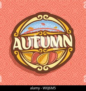 Vector logo for Autumn season: oval icon with falling drops of rain on red abstract background, lettering - autumn, sign with autumn leaves on seamles Stock Vector