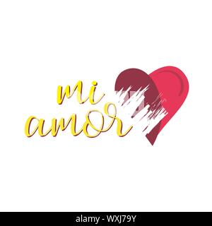 Mi Amor vector hand lettering My love in Spanish vector digital calligraphy romantic inscription on heart shape background Stock Vector