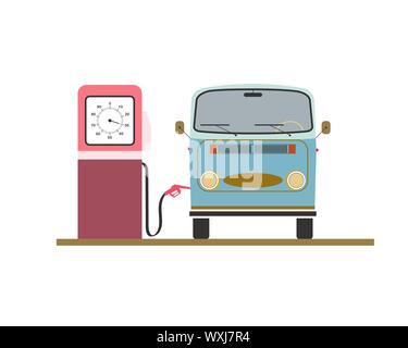 Retro car refuel at the old gas station. Front view. Vector illustration Stock Vector