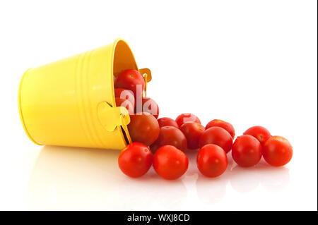 Yellow bucket full with fresh cherry tomatoes Stock Photo