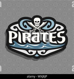 Vector logo for Pirates, skull and crossed swords and sea waves on gray seamless pattern. Stock Vector