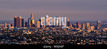 City skyline at sunset, Los Angeles, California, United States