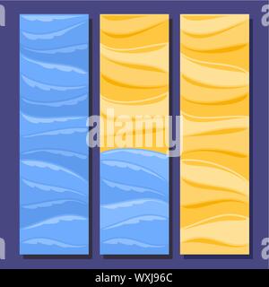 Vector set of vertical banners for Summer season: 3 layouts with blue sea waves background, yellow template for text. Stock Vector