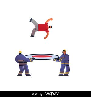 brave firemen holding trampoline life safe net catching falling down man firefighters team in uniform and helmet firefighting emergency service Stock Vector