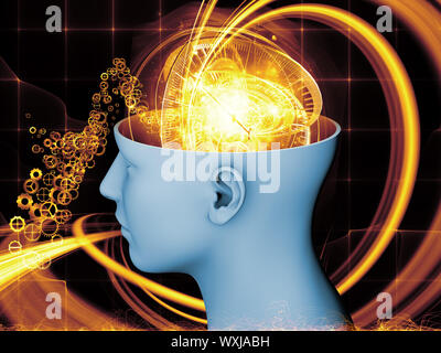 Composition of human head and symbolic elements with metaphorical relationship to human mind, consciousness, imagination, science and creativity Stock Photo