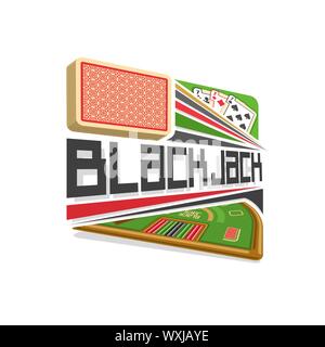 Vector logo for Blackjack gamble: red deck of playing cards, three seven of different suits, text - black jack above green table for gambling game. Stock Vector