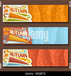 Vector set of horizontal banners for Autumn season: 3 layouts with falling leaves background, rain fall template with text - autumn, flyers with rainf Stock Vector