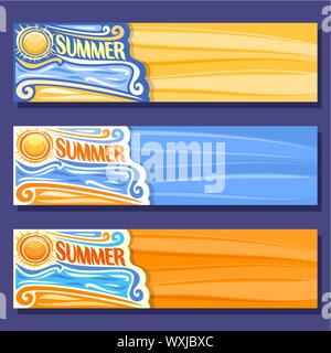 Vector set of horizontal banners for Summer season: 3 layouts with sea waves background, summertime sunny header with text - summer, hot sunshine summ Stock Vector